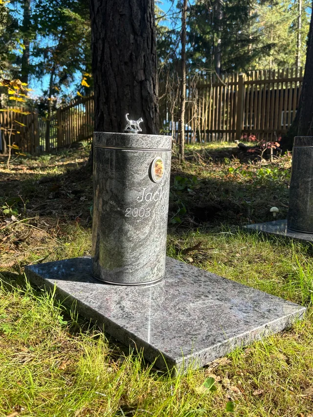 Bye-Buddy-Tierurne auf einer Natursteinplatte unter Bäumen